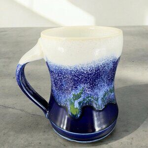 Hand Made Large Coffee Mug Cup Artist Signed White Blue Green Stoneware Mug Cup